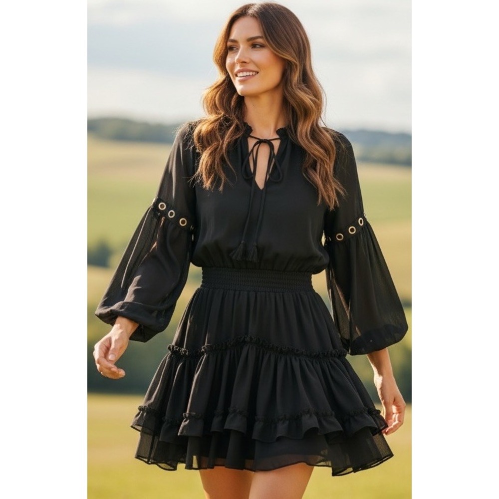 Misa Los Angeles Women's Black Long Sleeve Sheer Ruffle Mini Dress Size XS